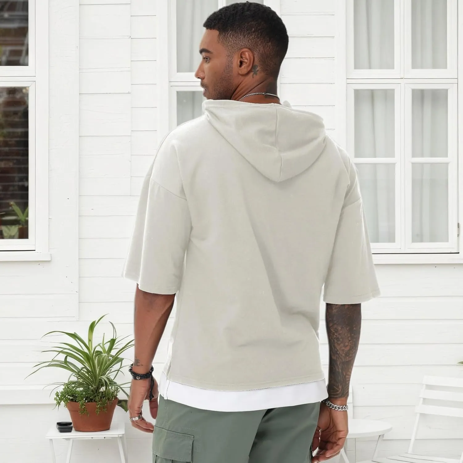 Mens Short Sleeve Hoodie Soft Cotton Color Block Moisture Wicking Patchwork Unisex Hip Hop T-Shirt Hoodie