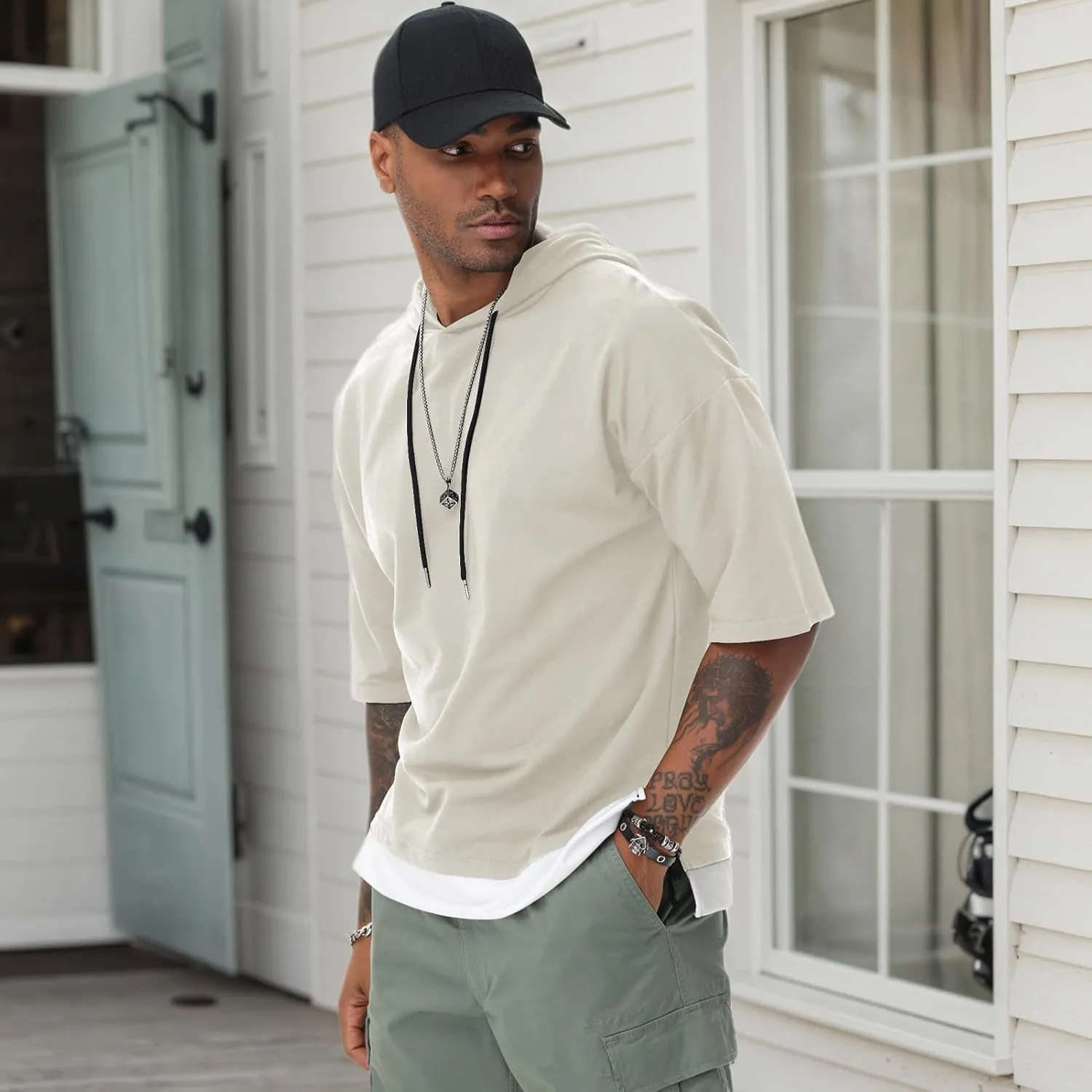 Mens Short Sleeve Hoodie Soft Cotton Color Block Moisture Wicking Patchwork Unisex Hip Hop T-Shirt Hoodie