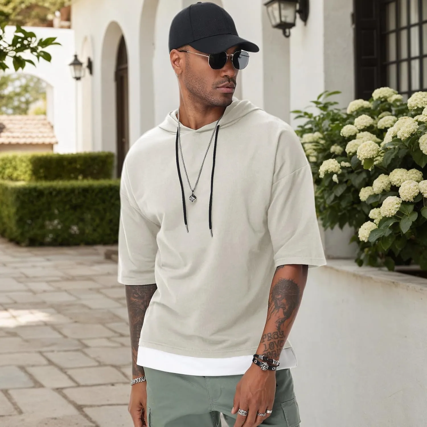 Mens Short Sleeve Hoodie Soft Cotton Color Block Moisture Wicking Patchwork Unisex Hip Hop T-Shirt Hoodie