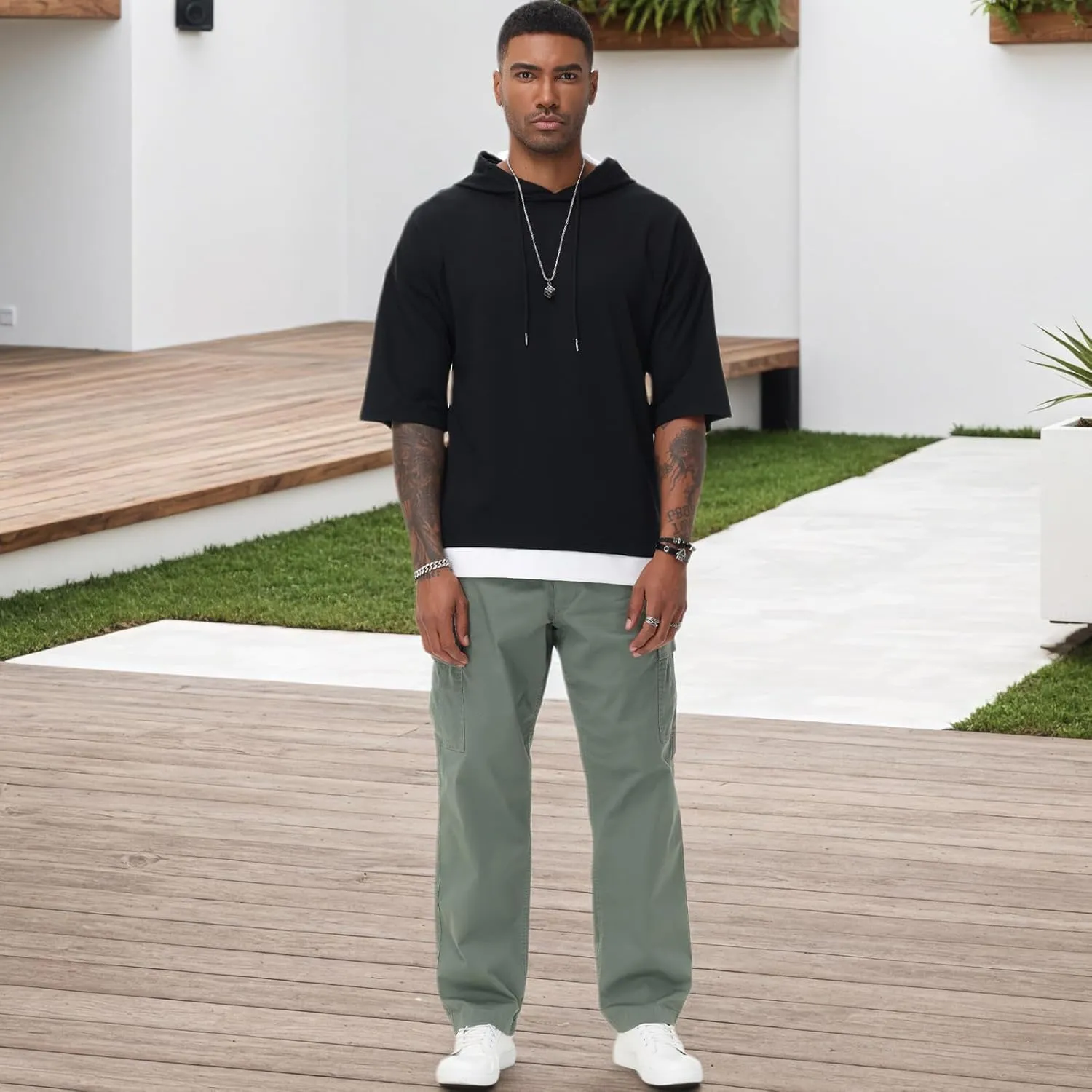 Mens Short Sleeve Hoodie Soft Cotton Color Block Moisture Wicking Patchwork Unisex Hip Hop T-Shirt Hoodie