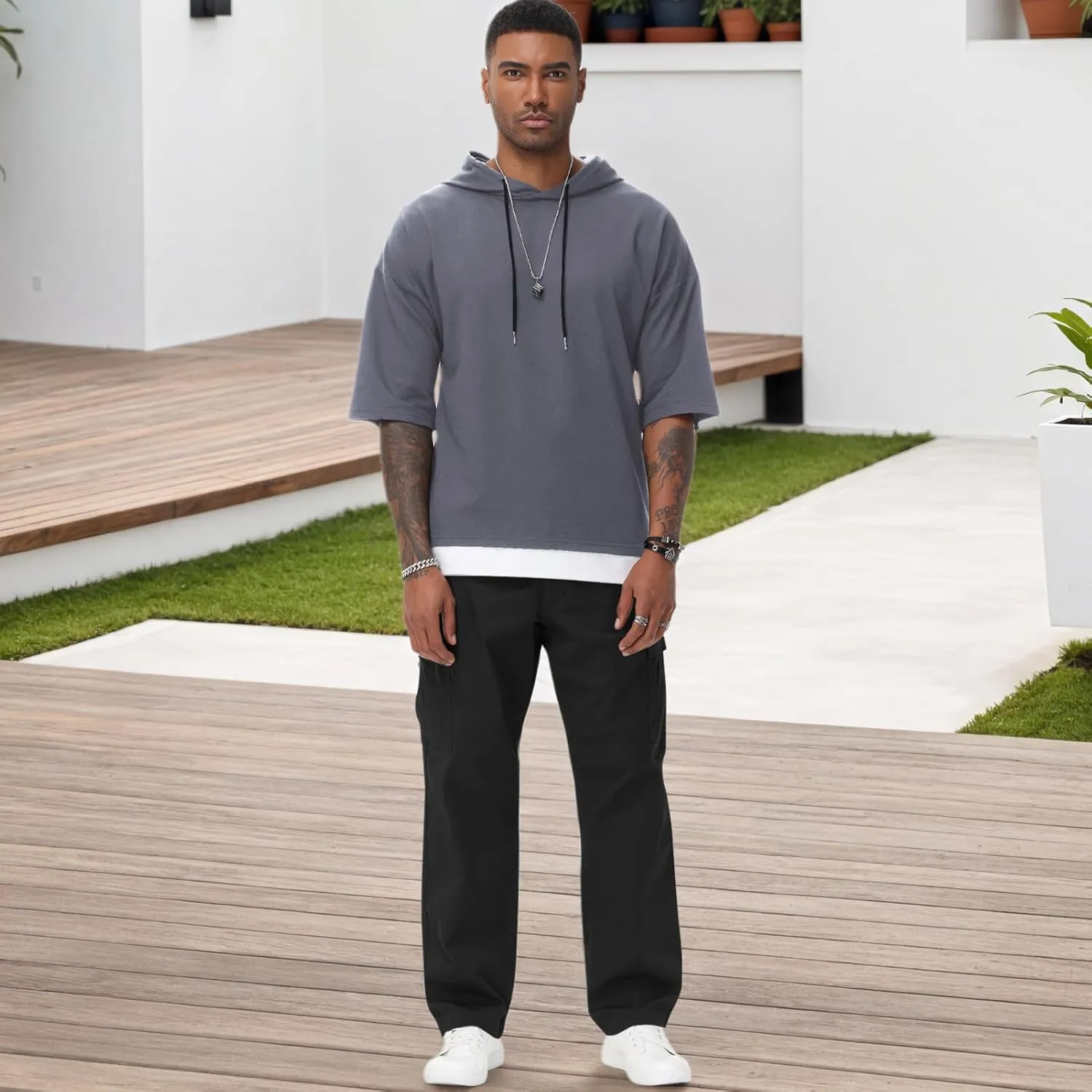 Mens Short Sleeve Hoodie Soft Cotton Color Block Moisture Wicking Patchwork Unisex Hip Hop T-Shirt Hoodie