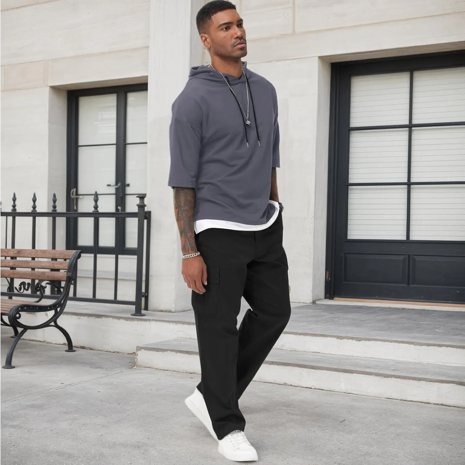 Mens Short Sleeve Hoodie Soft Cotton Color Block Moisture Wicking Patchwork Unisex Hip Hop T-Shirt Hoodie