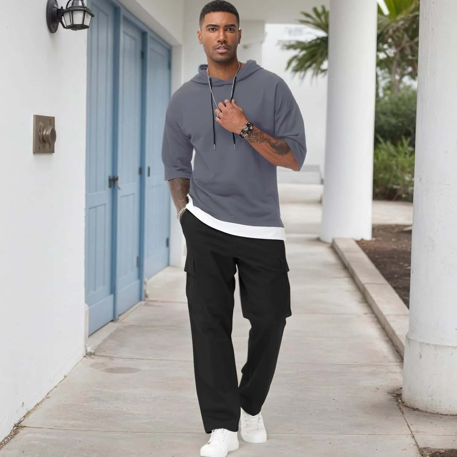 Mens Short Sleeve Hoodie Soft Cotton Color Block Moisture Wicking Patchwork Unisex Hip Hop T-Shirt Hoodie