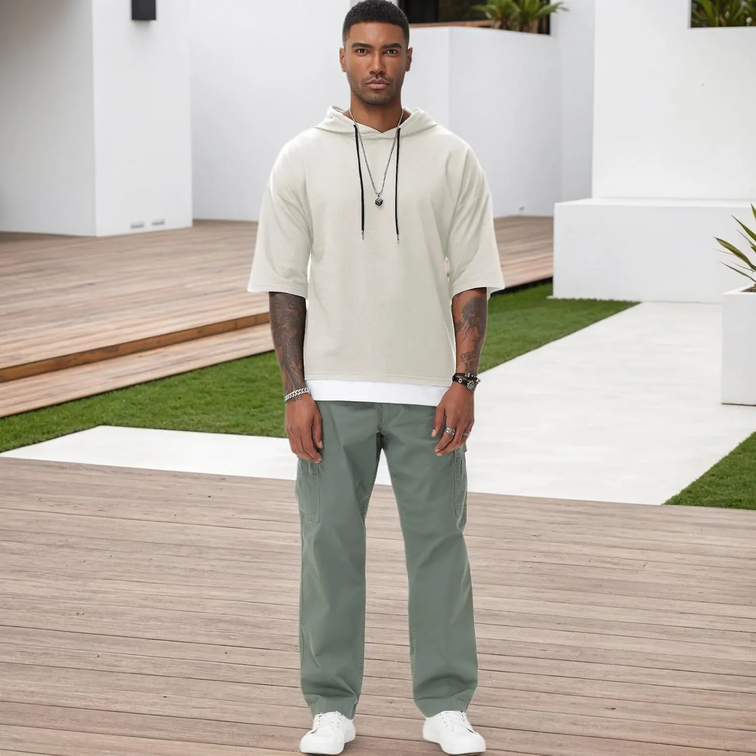 Mens Short Sleeve Hoodie Soft Cotton Color Block Moisture Wicking Patchwork Unisex Hip Hop T-Shirt Hoodie