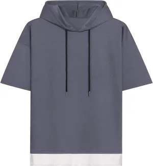 Mens Short Sleeve Hoodie Soft Cotton Color Block Moisture Wicking Patchwork Unisex Hip Hop T-Shirt Hoodie