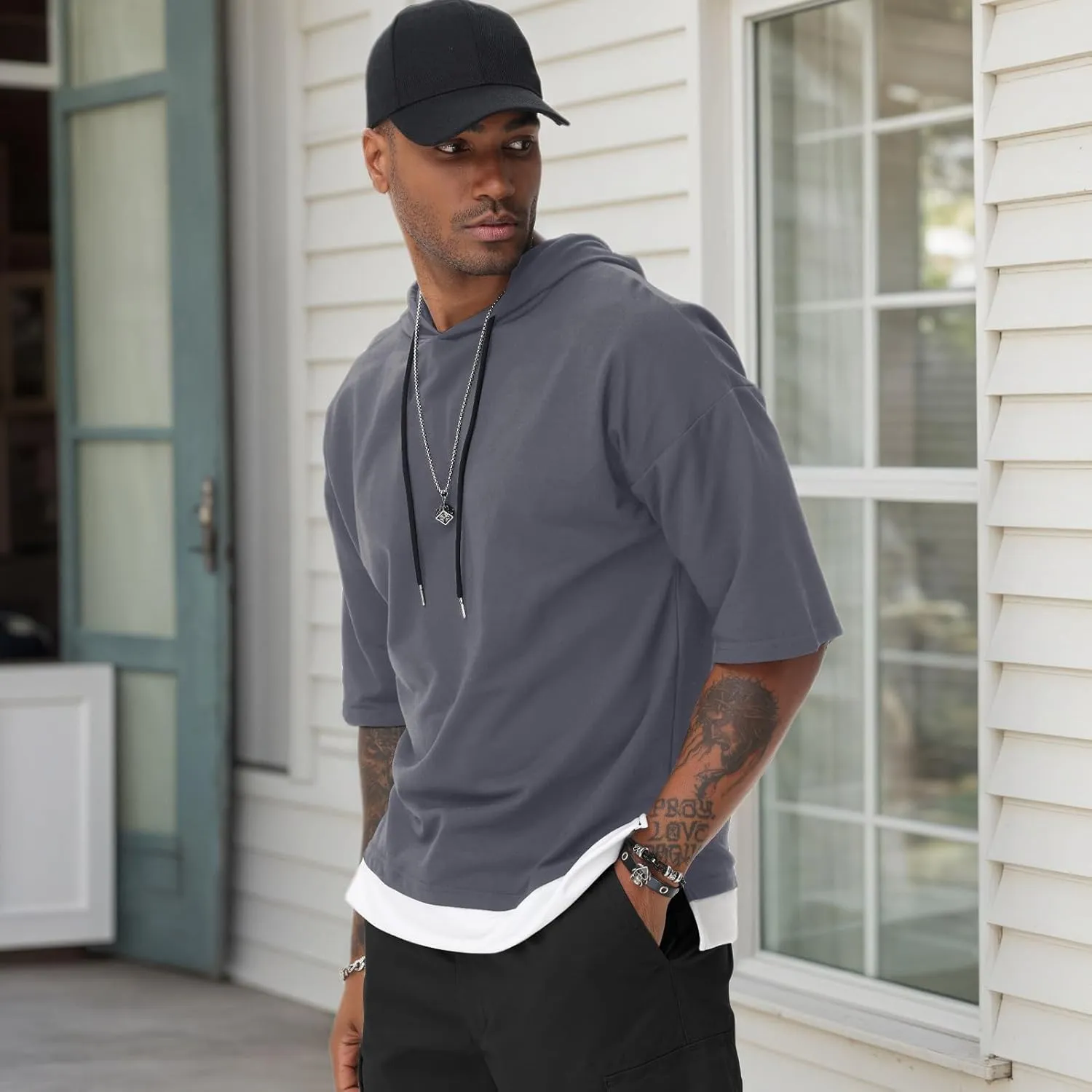 Mens Short Sleeve Hoodie Soft Cotton Color Block Moisture Wicking Patchwork Unisex Hip Hop T-Shirt Hoodie