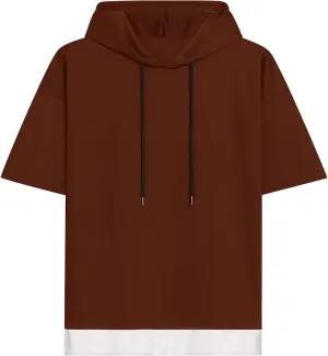 Mens Short Sleeve Hoodie Soft Cotton Color Block Moisture Wicking Patchwork Unisex Hip Hop T-Shirt Hoodie