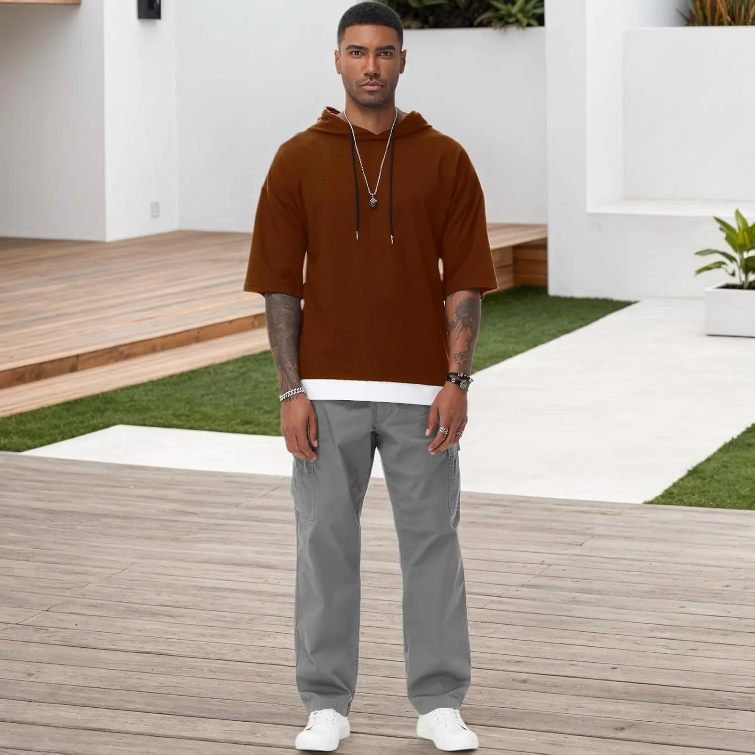 Mens Short Sleeve Hoodie Soft Cotton Color Block Moisture Wicking Patchwork Unisex Hip Hop T-Shirt Hoodie