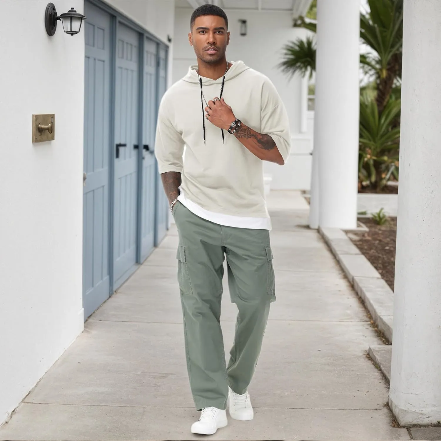Mens Short Sleeve Hoodie Soft Cotton Color Block Moisture Wicking Patchwork Unisex Hip Hop T-Shirt Hoodie