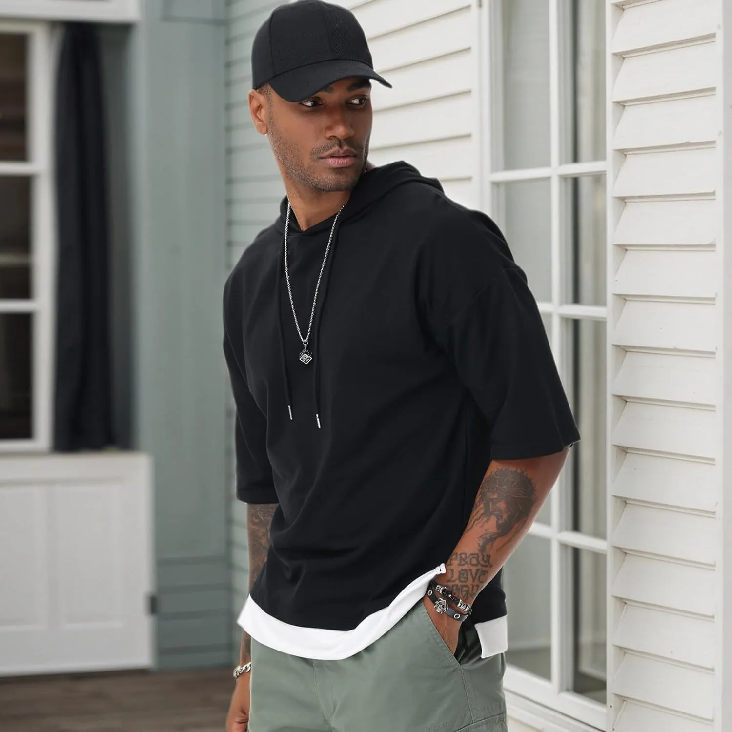 Mens Short Sleeve Hoodie Soft Cotton Color Block Moisture Wicking Patchwork Unisex Hip Hop T-Shirt Hoodie