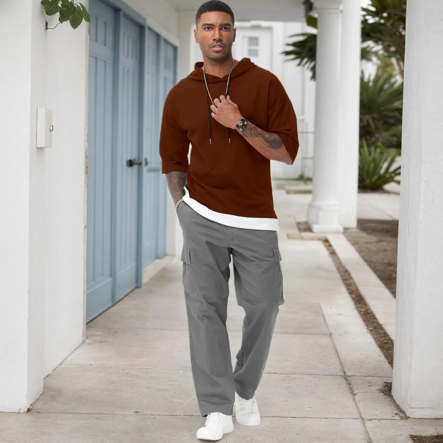 Mens Short Sleeve Hoodie Soft Cotton Color Block Moisture Wicking Patchwork Unisex Hip Hop T-Shirt Hoodie