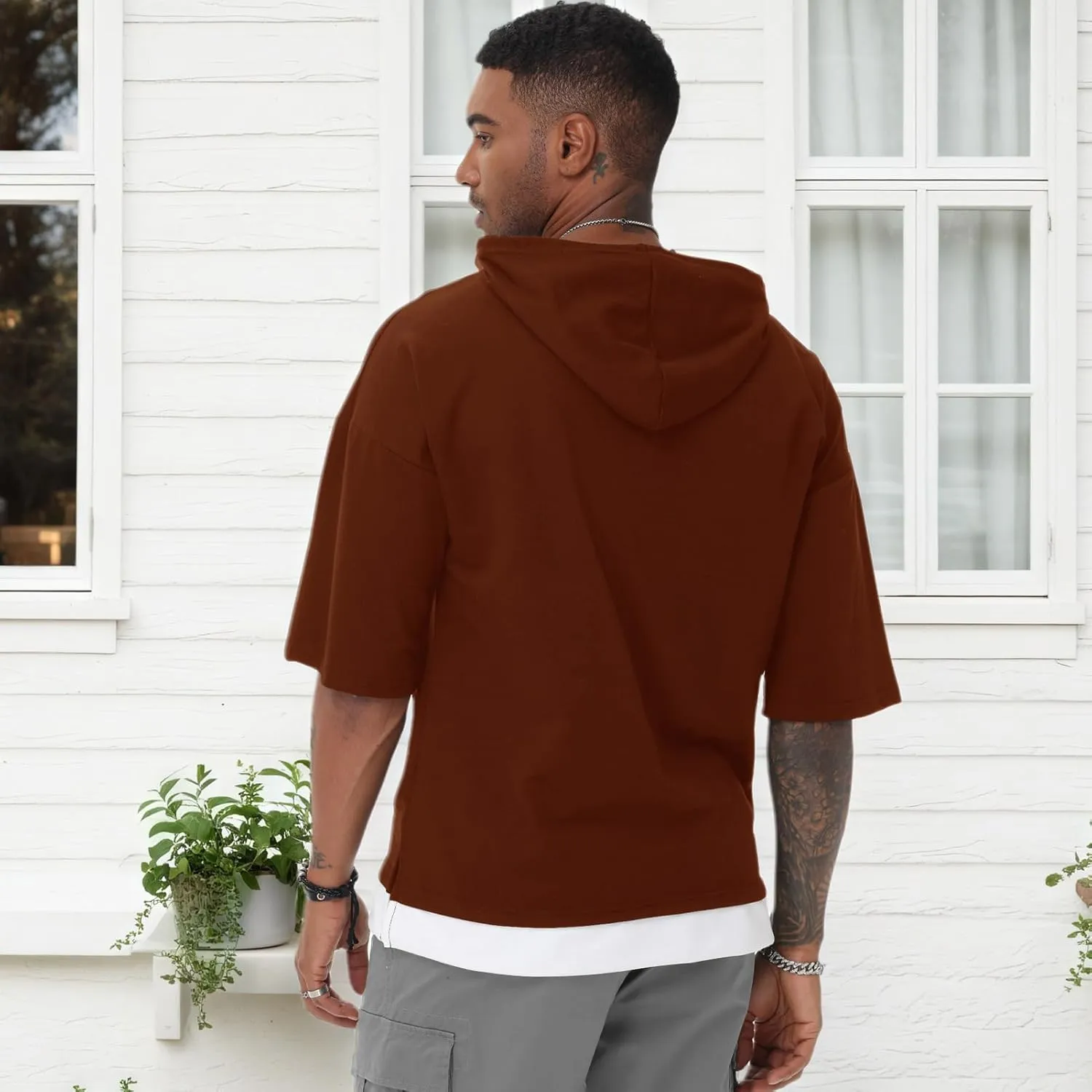 Mens Short Sleeve Hoodie Soft Cotton Color Block Moisture Wicking Patchwork Unisex Hip Hop T-Shirt Hoodie