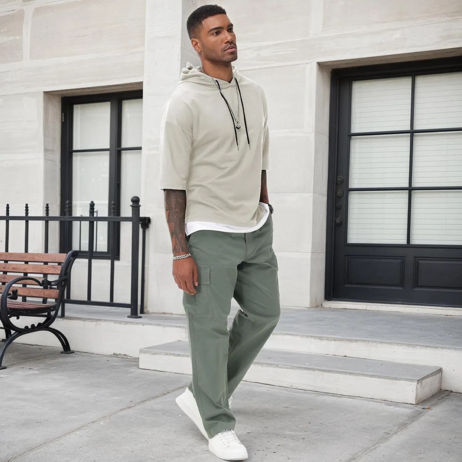 Mens Short Sleeve Hoodie Soft Cotton Color Block Moisture Wicking Patchwork Unisex Hip Hop T-Shirt Hoodie