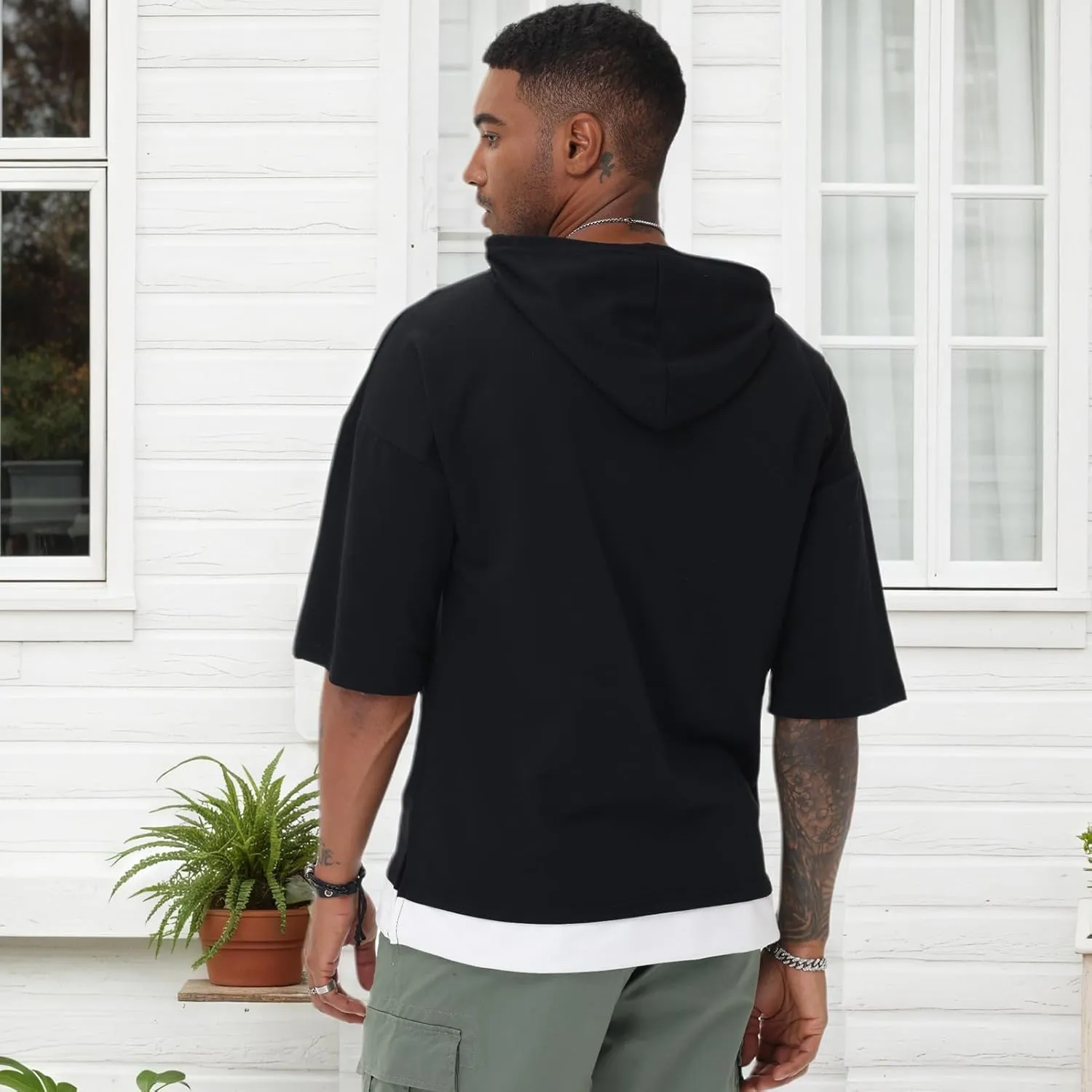 Mens Short Sleeve Hoodie Soft Cotton Color Block Moisture Wicking Patchwork Unisex Hip Hop T-Shirt Hoodie
