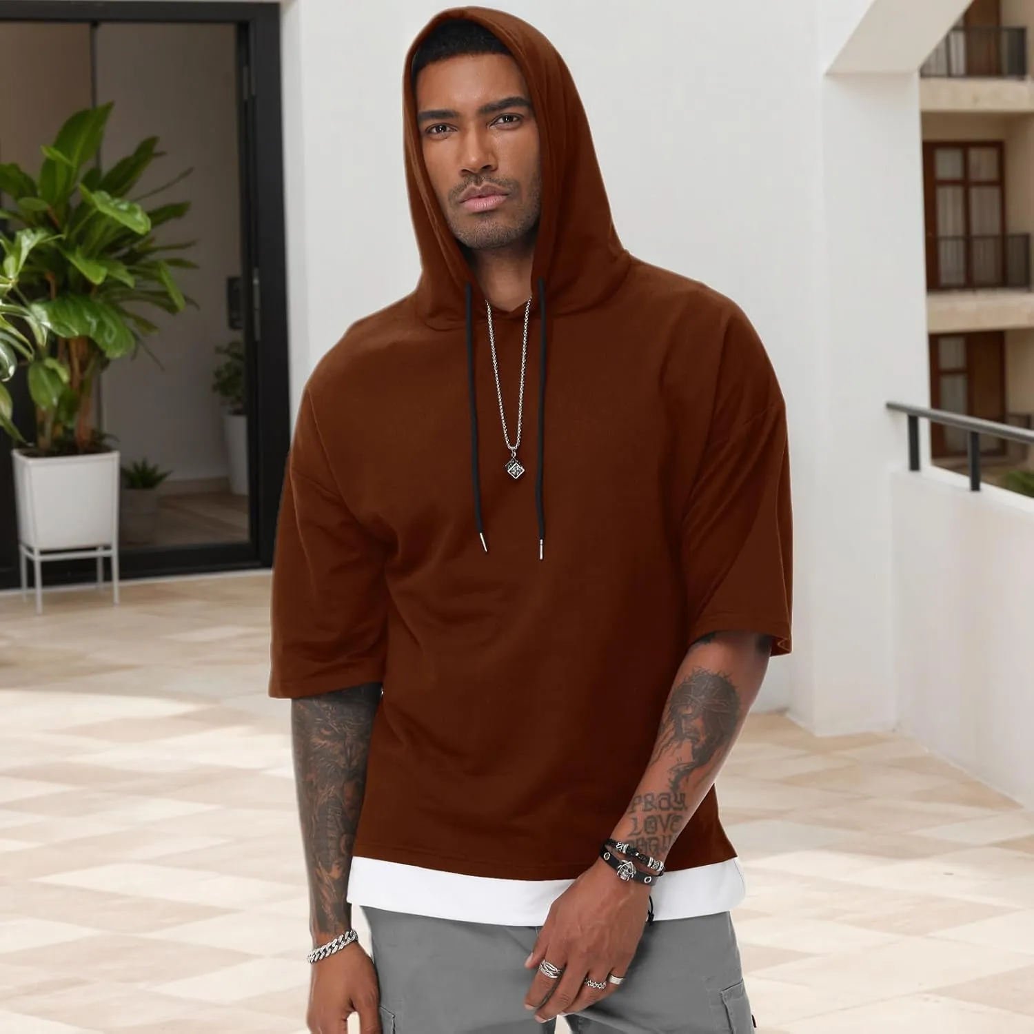 Mens Short Sleeve Hoodie Soft Cotton Color Block Moisture Wicking Patchwork Unisex Hip Hop T-Shirt Hoodie