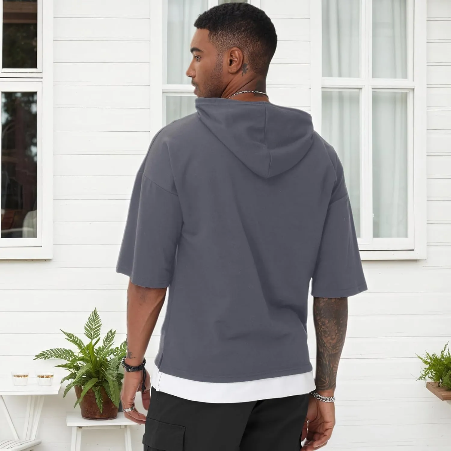 Mens Short Sleeve Hoodie Soft Cotton Color Block Moisture Wicking Patchwork Unisex Hip Hop T-Shirt Hoodie
