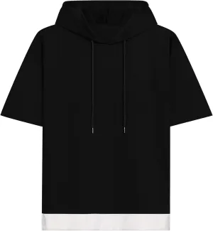 Mens Short Sleeve Hoodie Soft Cotton Color Block Moisture Wicking Patchwork Unisex Hip Hop T-Shirt Hoodie