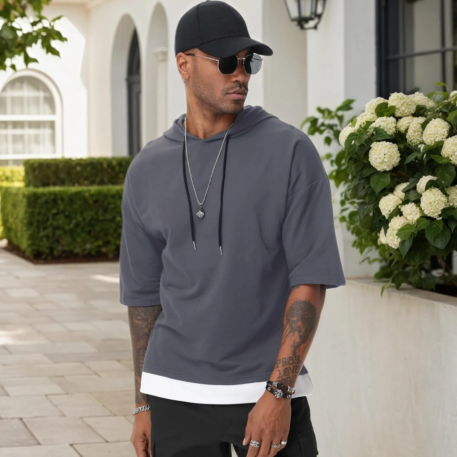 Mens Short Sleeve Hoodie Soft Cotton Color Block Moisture Wicking Patchwork Unisex Hip Hop T-Shirt Hoodie