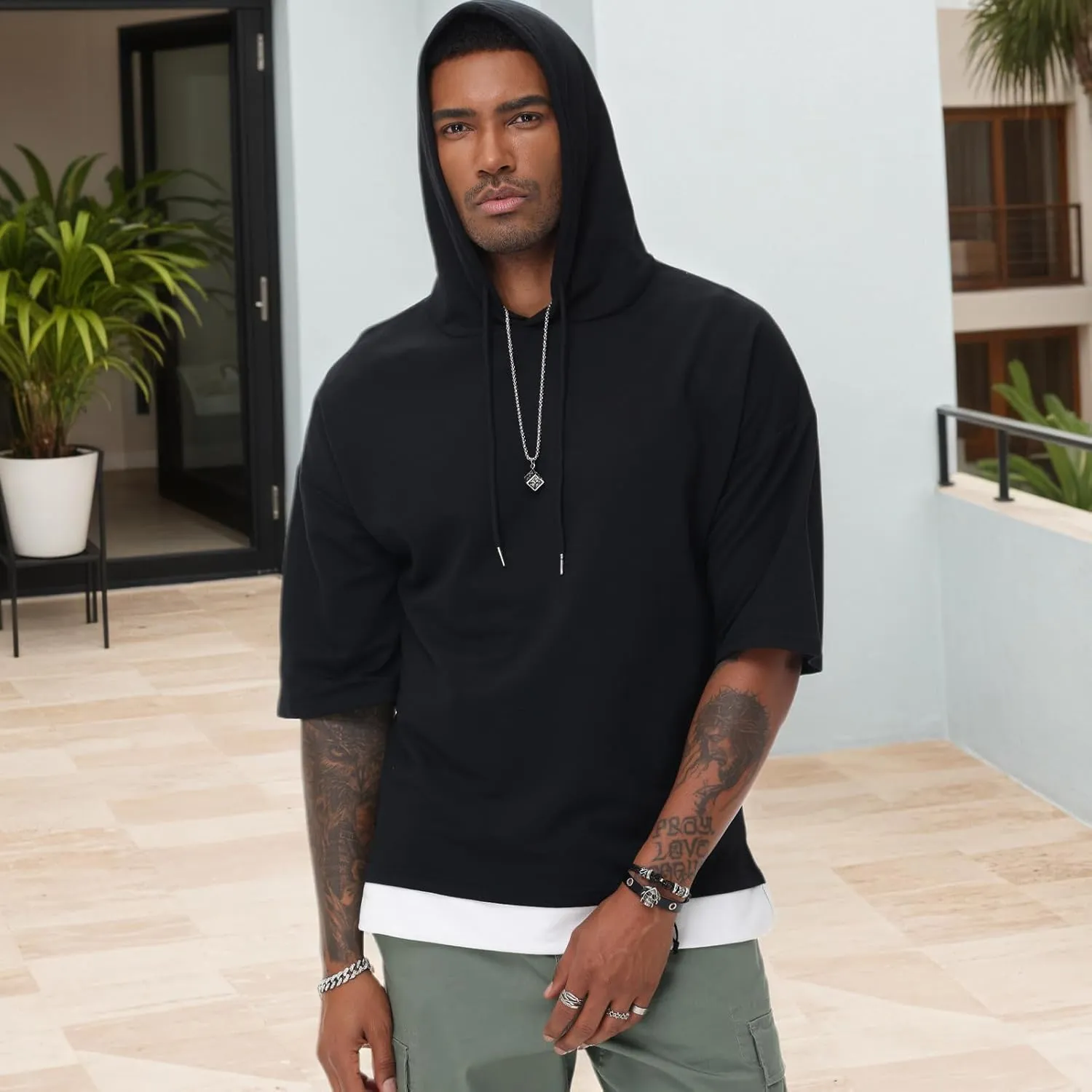 Mens Short Sleeve Hoodie Soft Cotton Color Block Moisture Wicking Patchwork Unisex Hip Hop T-Shirt Hoodie