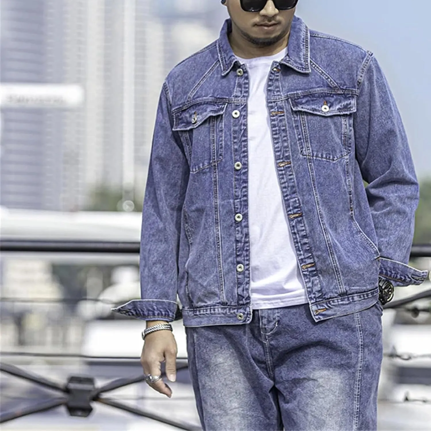 Men's Spring Cotton Lapel Large Size Trucker Denim Jacket Loose Fashion Casual Street Style Denim Top
