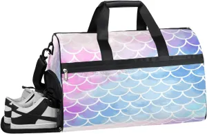 Mermaid Fish Scales Sports Gym Bag with Wet Pocket & Shoes Compartment Waterproof Workout Duffel Bag for Women and Men Weekender Overnight Duffle Bag Travel Carry-on Tote
