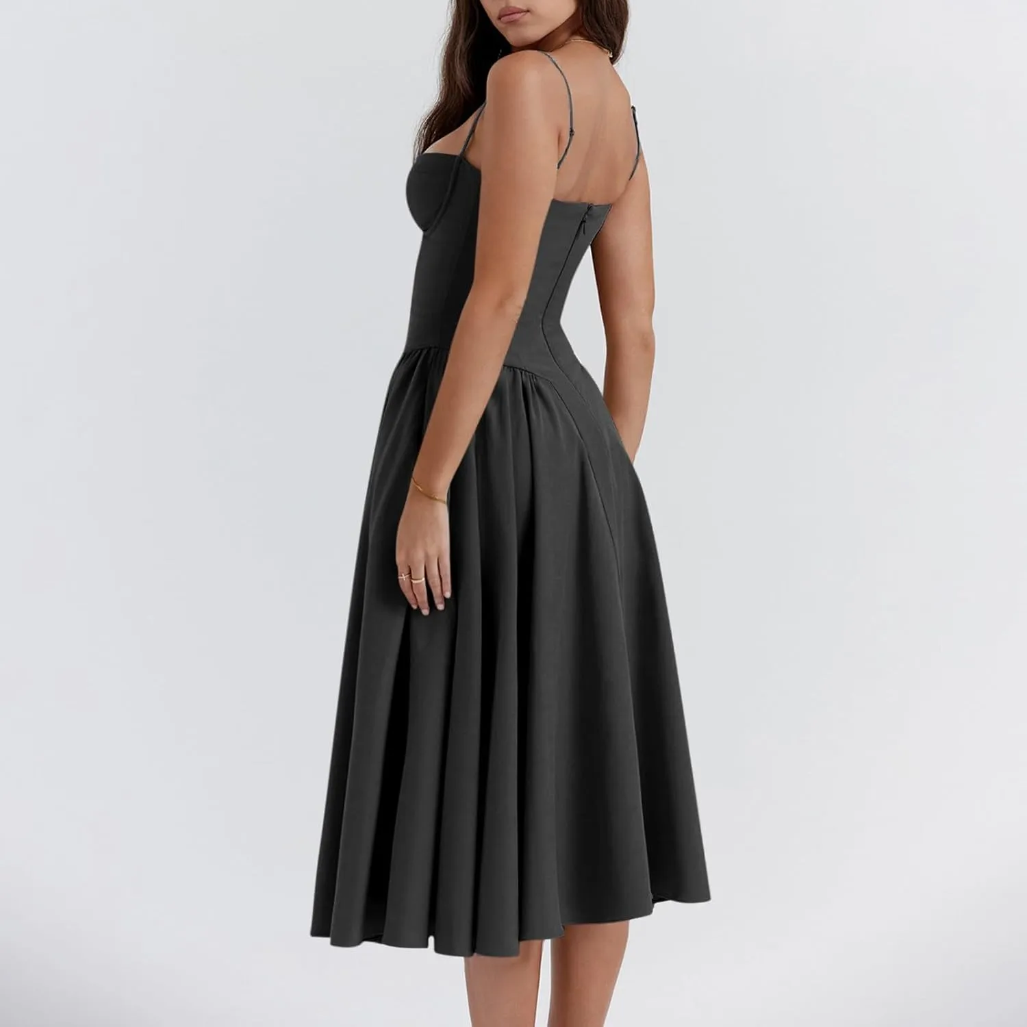 midelxp Womens Corset Dress Elegant Spaghetti Strap Bustier Midi Dress Low Cut Flowy Pleated Hem Formal Dresses with Pockets