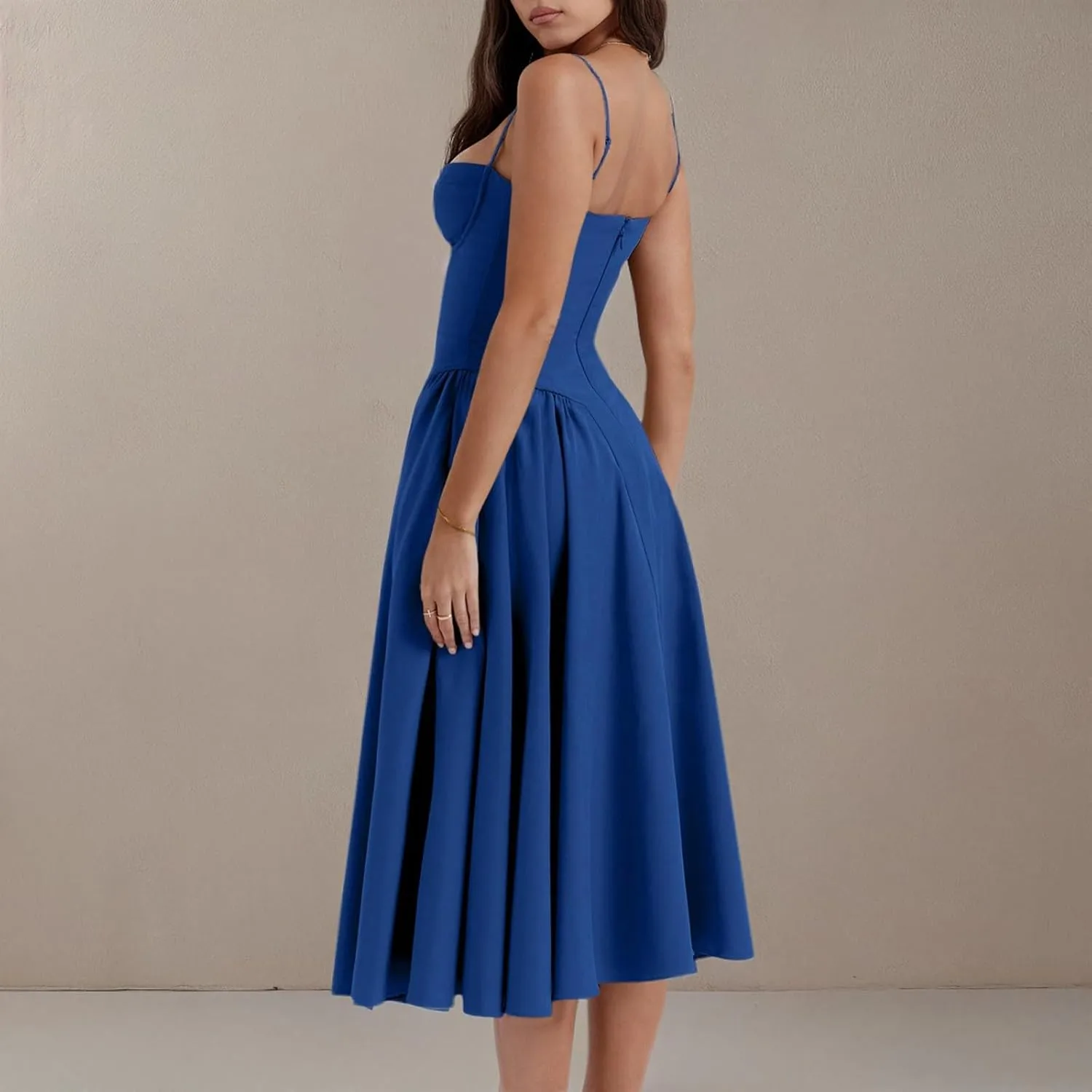 midelxp Womens Corset Dress Elegant Spaghetti Strap Bustier Midi Dress Low Cut Flowy Pleated Hem Formal Dresses with Pockets