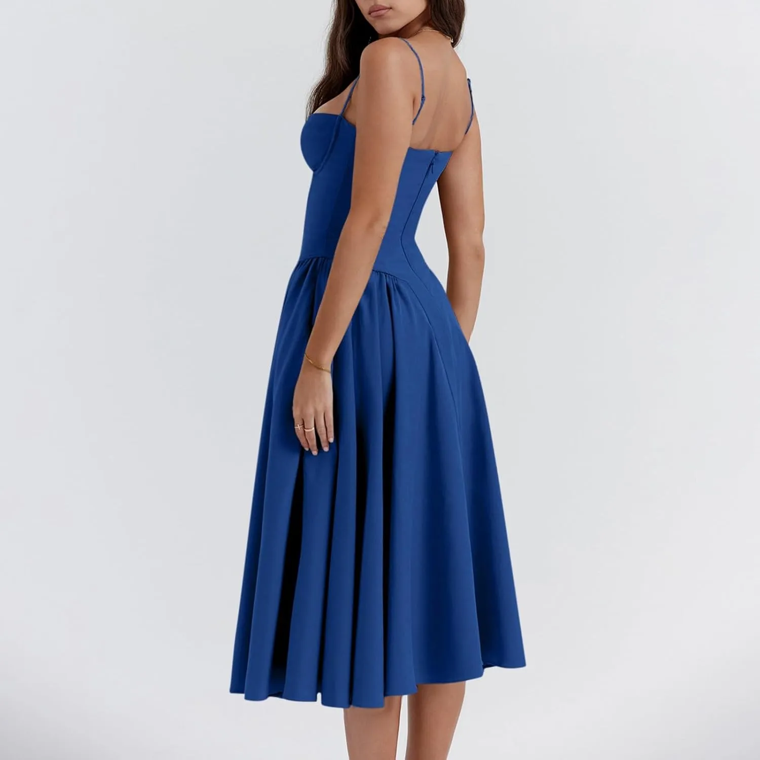 midelxp Womens Corset Dress Elegant Spaghetti Strap Bustier Midi Dress Low Cut Flowy Pleated Hem Formal Dresses with Pockets
