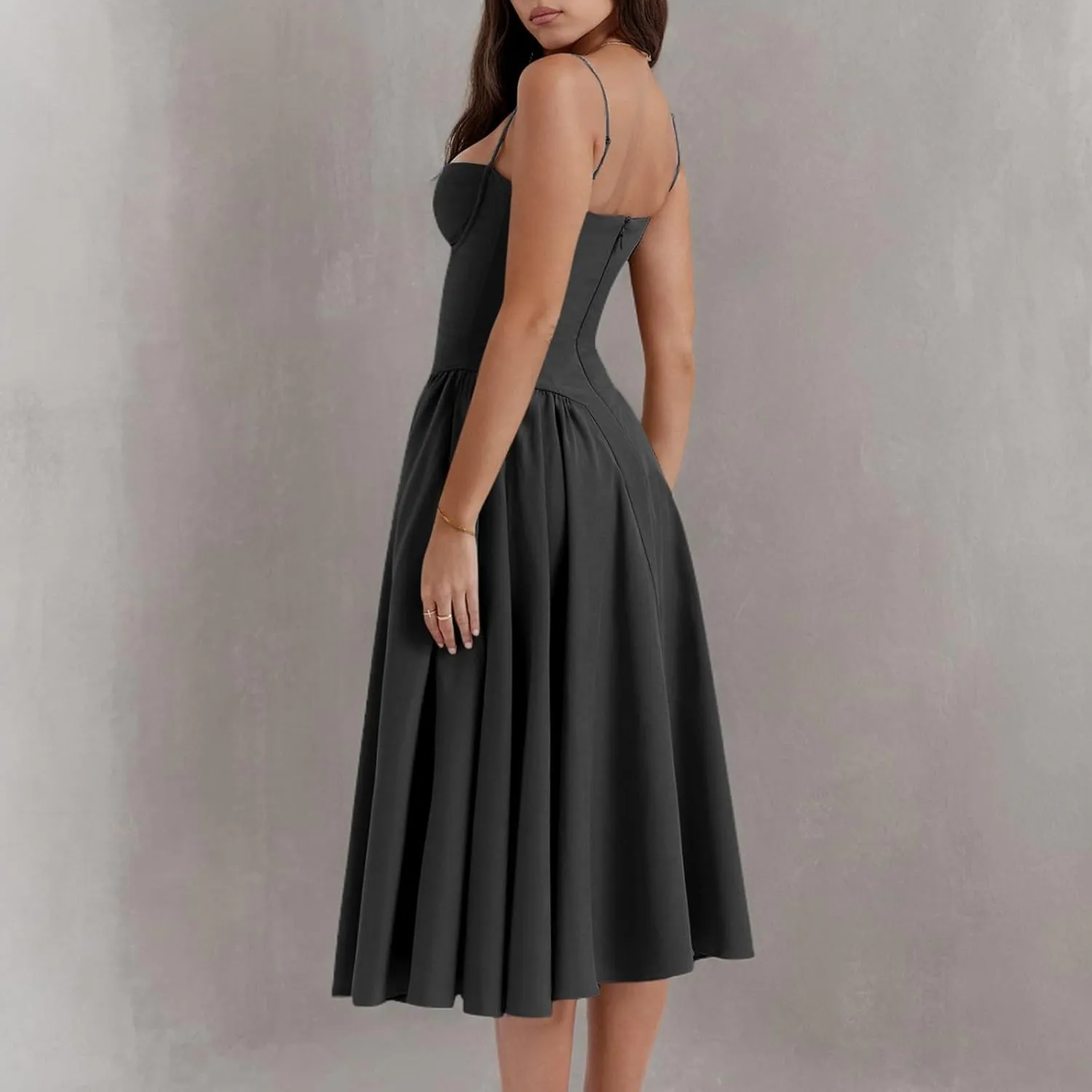 midelxp Womens Corset Dress Elegant Spaghetti Strap Bustier Midi Dress Low Cut Flowy Pleated Hem Formal Dresses with Pockets