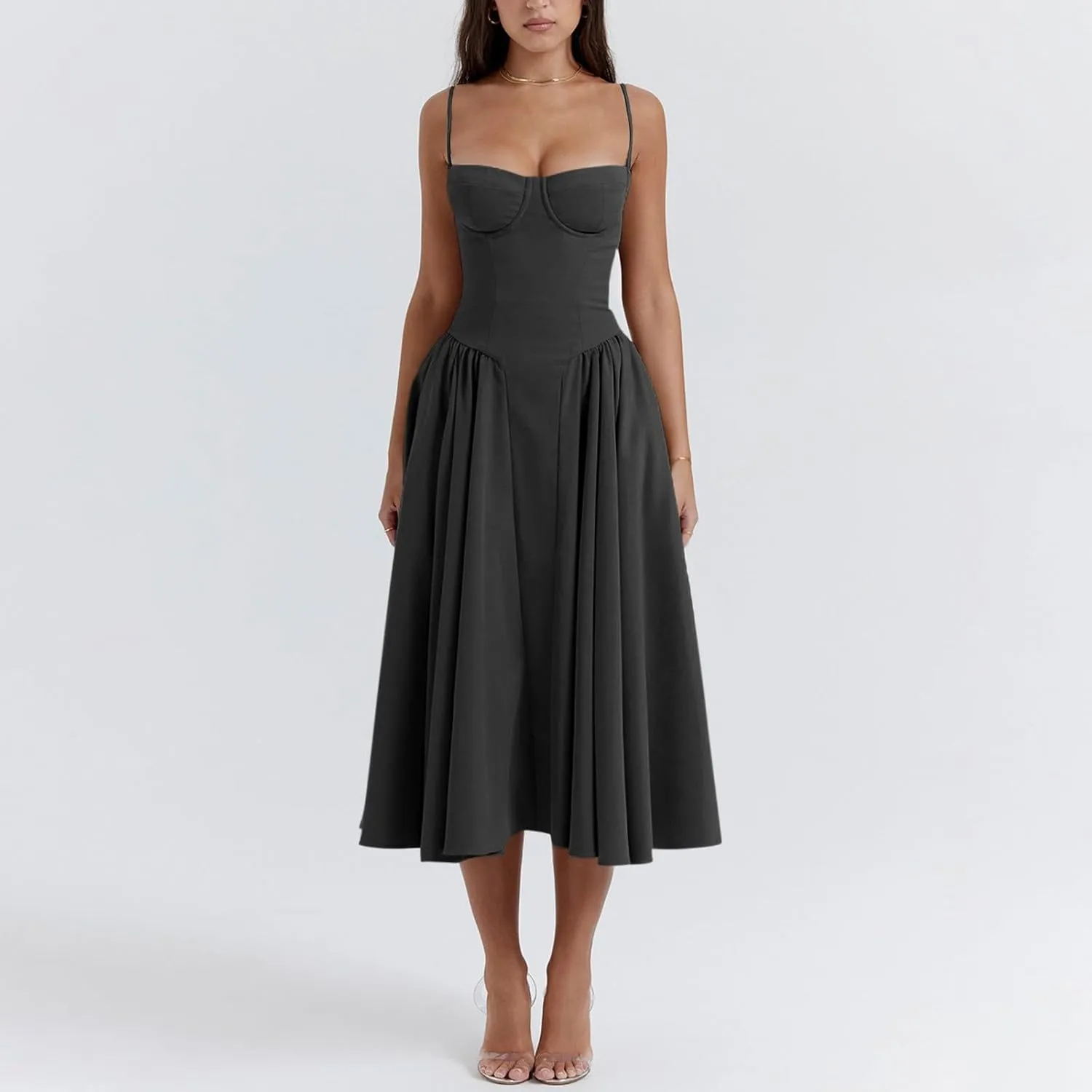 midelxp Womens Corset Dress Elegant Spaghetti Strap Bustier Midi Dress Low Cut Flowy Pleated Hem Formal Dresses with Pockets