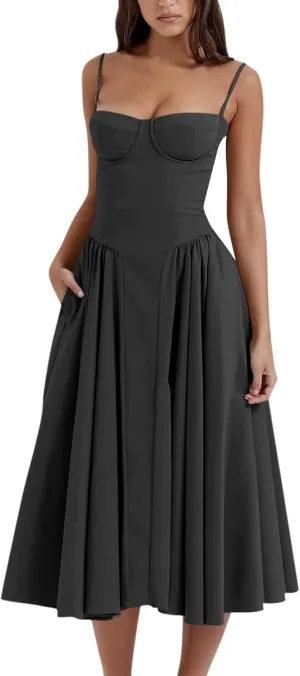 midelxp Womens Corset Dress Elegant Spaghetti Strap Bustier Midi Dress Low Cut Flowy Pleated Hem Formal Dresses with Pockets
