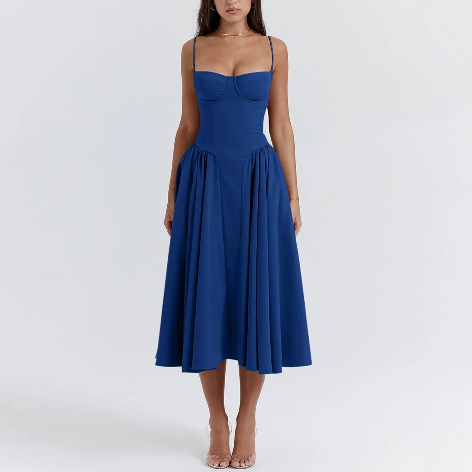 midelxp Womens Corset Dress Elegant Spaghetti Strap Bustier Midi Dress Low Cut Flowy Pleated Hem Formal Dresses with Pockets
