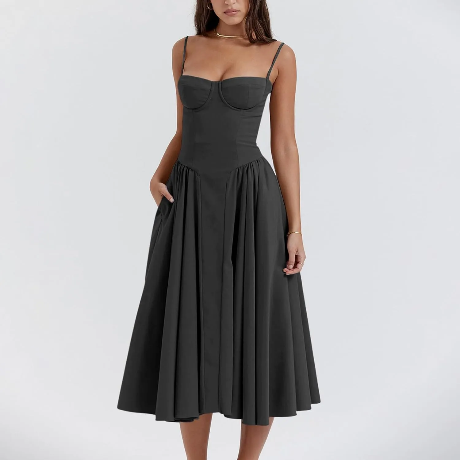 midelxp Womens Corset Dress Elegant Spaghetti Strap Bustier Midi Dress Low Cut Flowy Pleated Hem Formal Dresses with Pockets