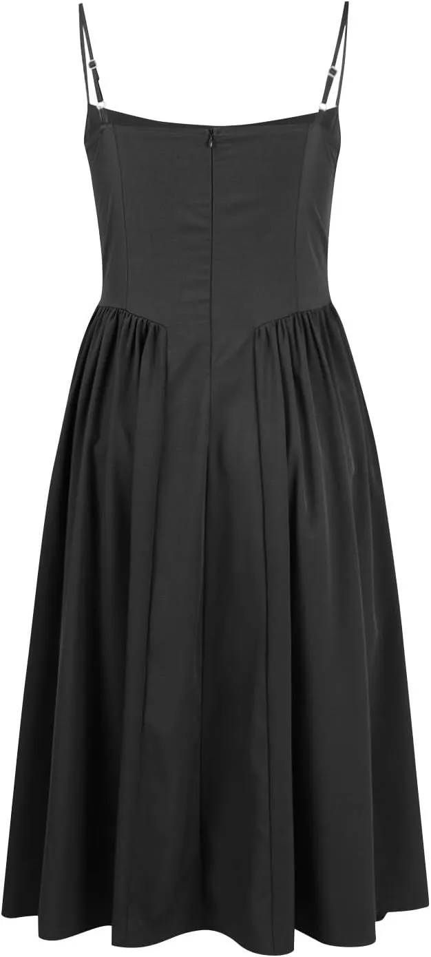 midelxp Womens Corset Dress Elegant Spaghetti Strap Bustier Midi Dress Low Cut Flowy Pleated Hem Formal Dresses with Pockets