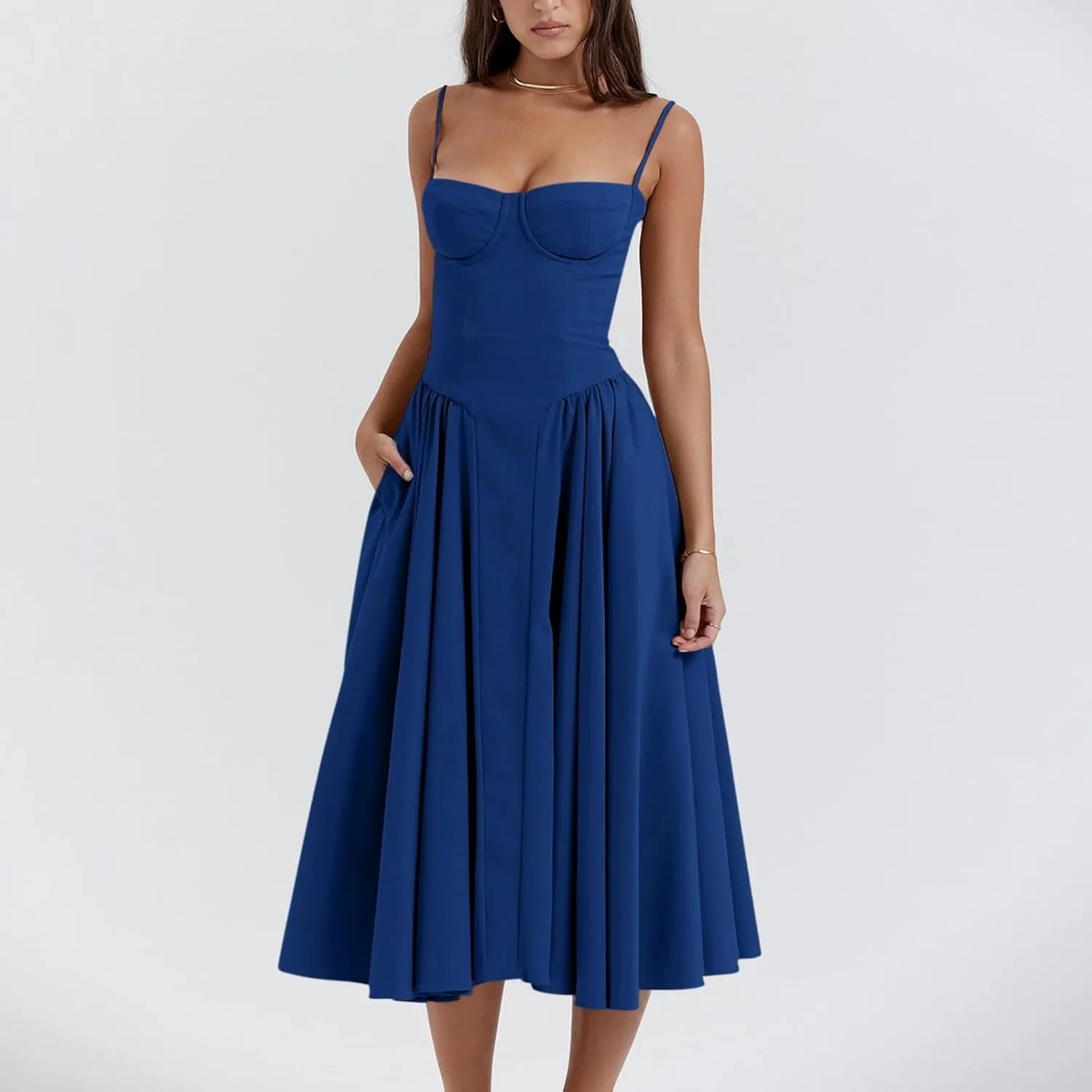 midelxp Womens Corset Dress Elegant Spaghetti Strap Bustier Midi Dress Low Cut Flowy Pleated Hem Formal Dresses with Pockets