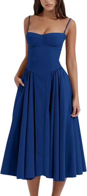 midelxp Womens Corset Dress Elegant Spaghetti Strap Bustier Midi Dress Low Cut Flowy Pleated Hem Formal Dresses with Pockets