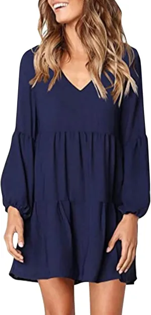 Mini Dresses for Women,2024 Summer Trendy Ruched Ruffle Babydoll Dress,Casual Loose V Neck Long Sleeve Beach Dress
