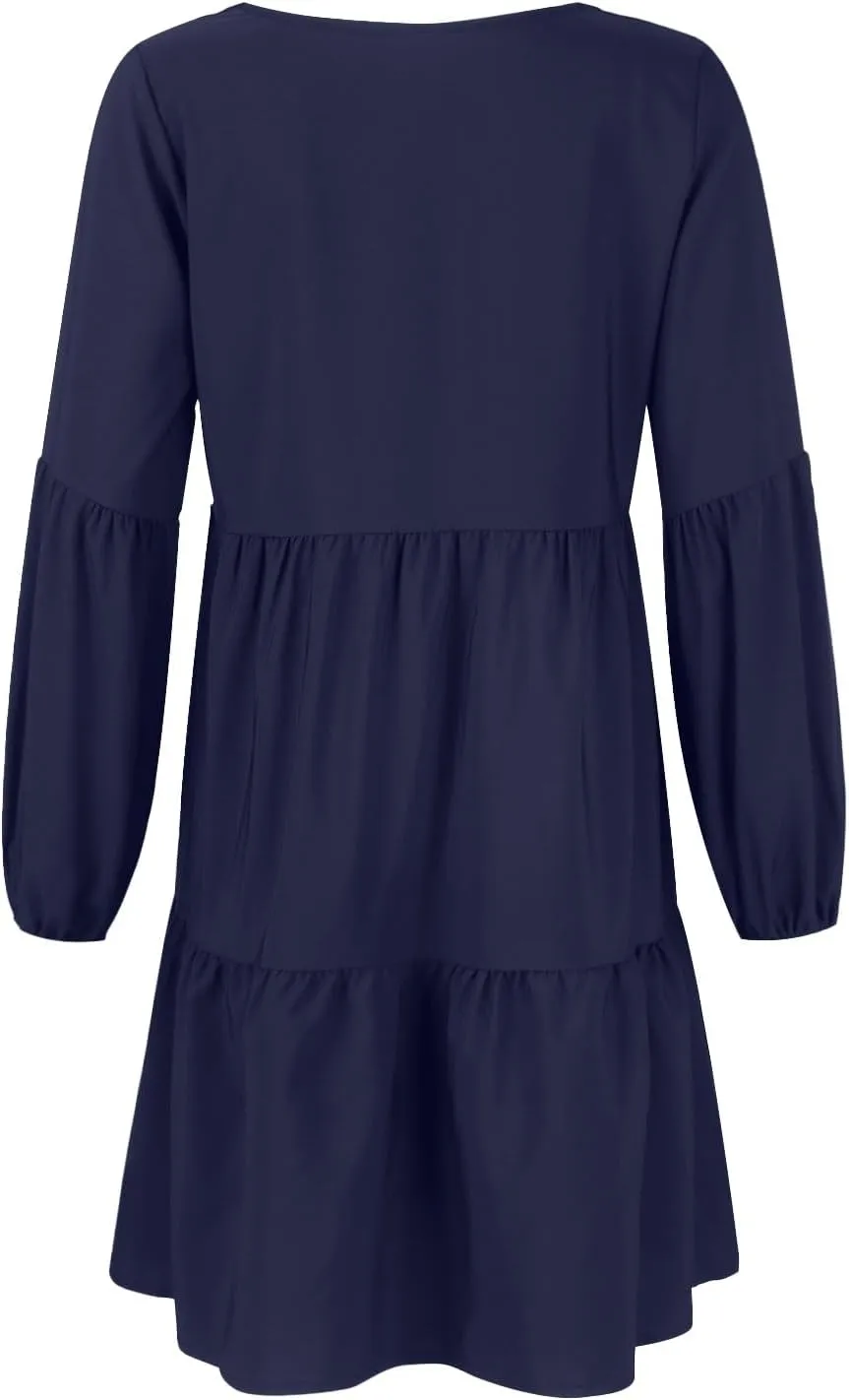 Mini Dresses for Women,2024 Summer Trendy Ruched Ruffle Babydoll Dress,Casual Loose V Neck Long Sleeve Beach Dress