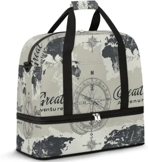 Nautical Compass World Map Travel Duffel Bag for Women Men, Sports Gym Bag with Shoes Compartment Foldable Overnight Bag Weekender Tote Workout Carry On Luggage Bag