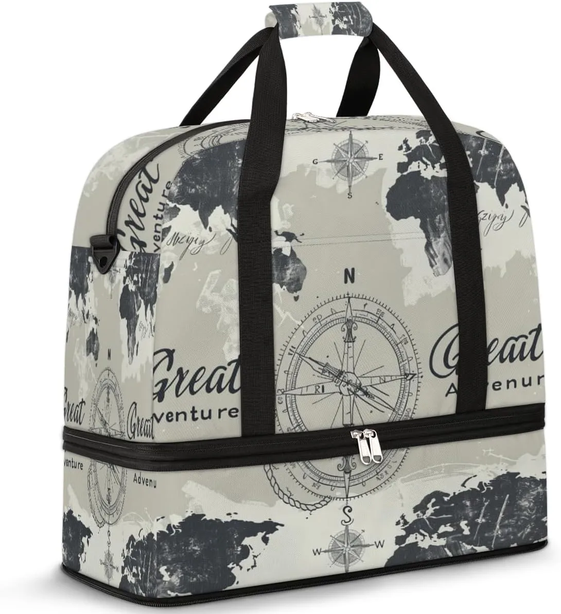 Nautical Compass World Map Travel Duffel Bag for Women Men, Sports Gym Bag with Shoes Compartment Foldable Overnight Bag Weekender Tote Workout Carry On Luggage Bag