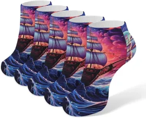 Neon Ocean Wave Boat 5 Pairs Low Cut Ankle Socks for Men Women Athletic Running Socks No Show Breathable