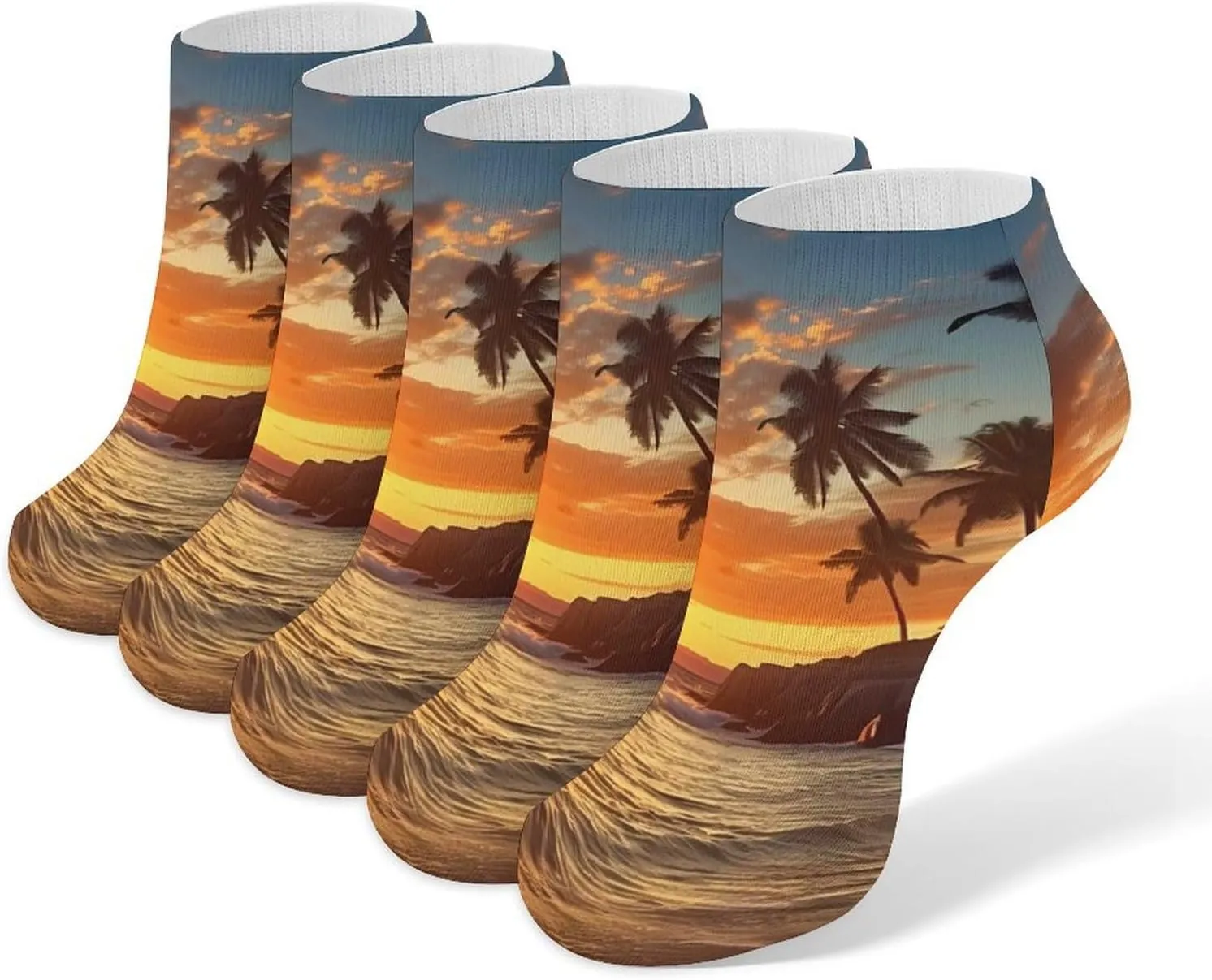 Ocean Beach Palm Tree Sunrise Sunset 5 Pairs Low Cut Ankle Socks for Men Women Athletic Running Socks No Show Breathable