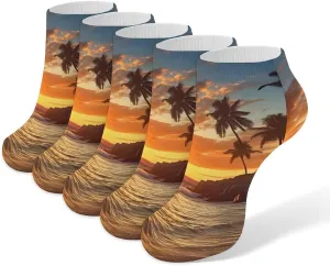 Ocean Beach Palm Tree Sunrise Sunset 5 Pairs Low Cut Ankle Socks for Men Women Athletic Running Socks No Show Breathable