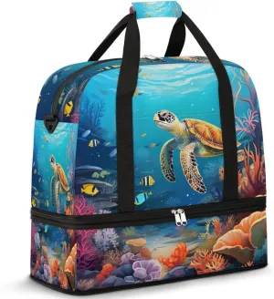 Ocean Turtle Travel Duffel Bag for Women Men, Tropical Fish Sports Gym Bag with Shoes Compartment Foldable Overnight Bag Weekender Tote Workout Carry On Luggage Bag