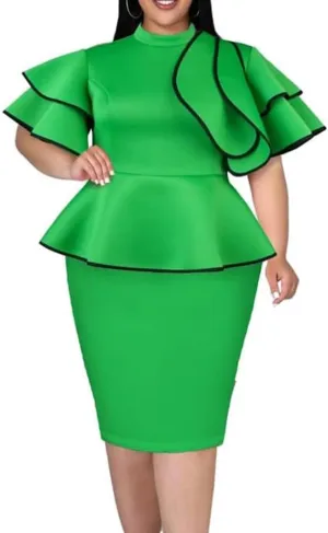 ONTINVA Women's Casual Sleeveless Ruffled Crew Neck Green Dress Mini Bodycon Mock Neck Office Work Casual Puplum Dresses