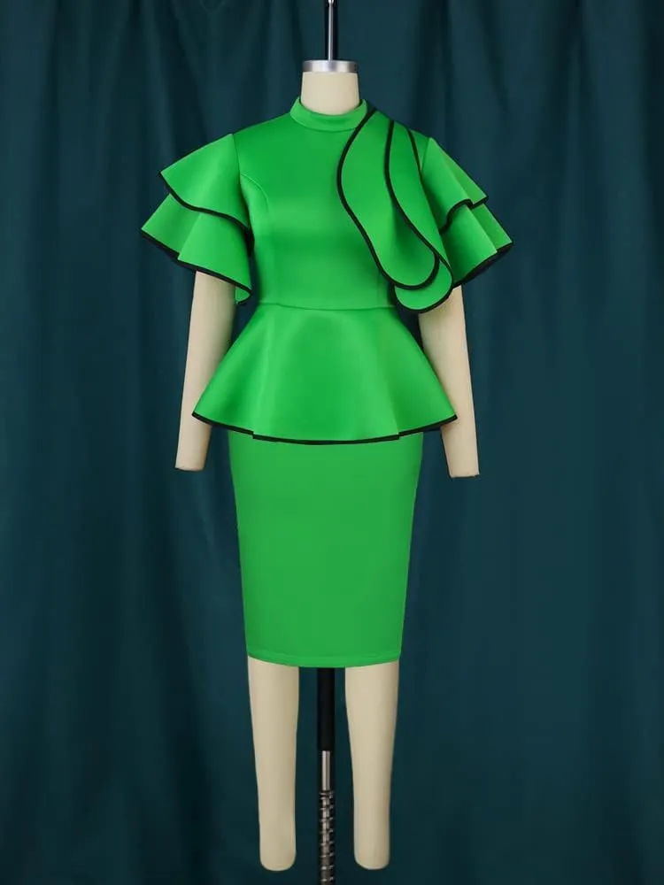 ONTINVA Women's Casual Sleeveless Ruffled Crew Neck Green Dress Mini Bodycon Mock Neck Office Work Casual Puplum Dresses