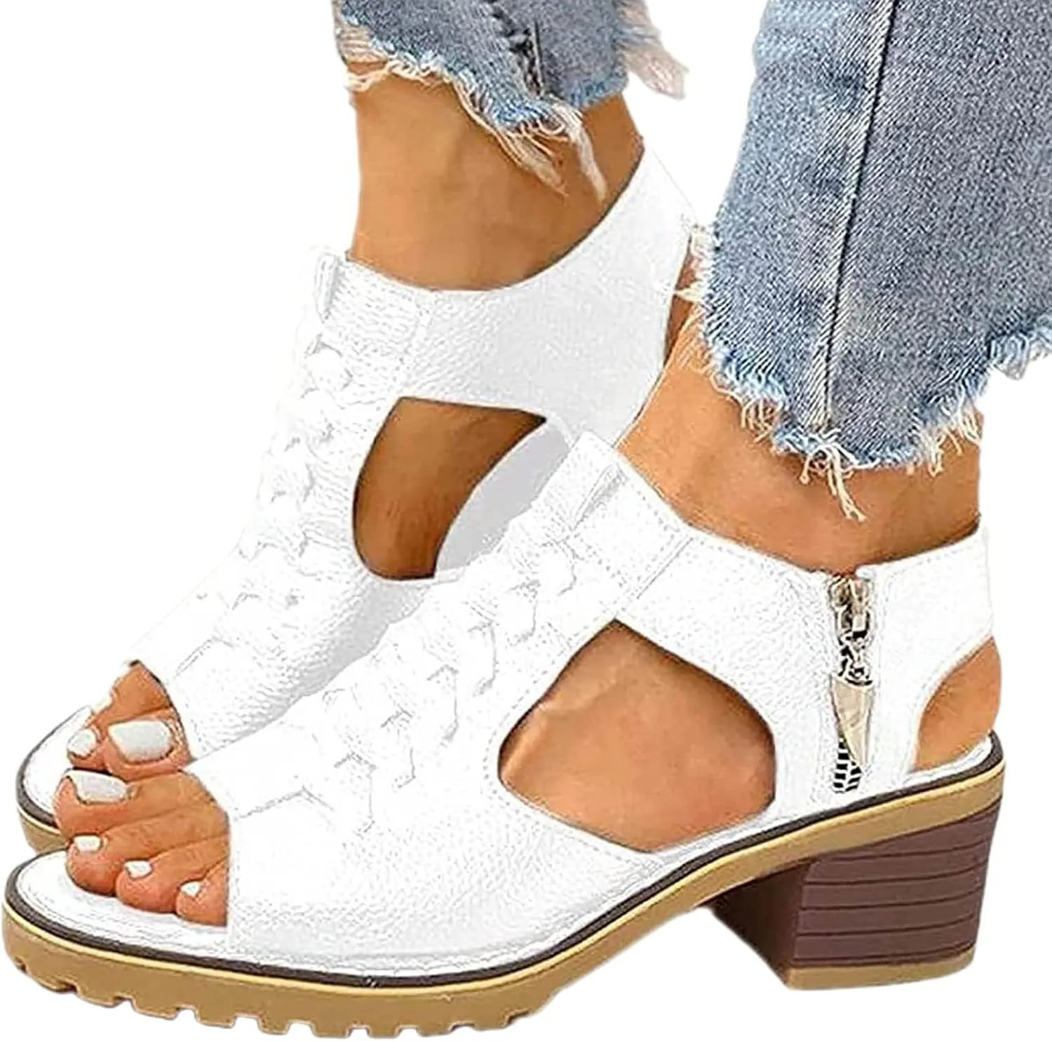 Orthopedic Sandals for Women Casual Fish Mouth WedgeSandals Peep Toe Cutout Zipper Chunky Heeled Sandal Thick Sole Wedge Slippers Comfortable Platform Slip On Shoes