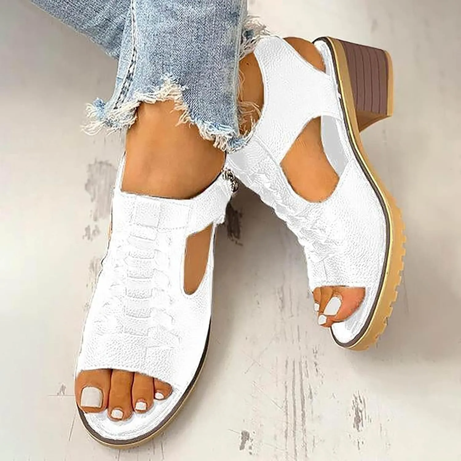 Orthopedic Sandals for Women Casual Fish Mouth WedgeSandals Peep Toe Cutout Zipper Chunky Heeled Sandal Thick Sole Wedge Slippers Comfortable Platform Slip On Shoes