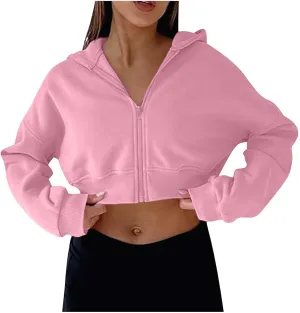Oversized Half Zipper Cropped Hoodies Sweatshirts for Women2024 Casual V Neck Long Sleeve Solid Color Tunic Tops