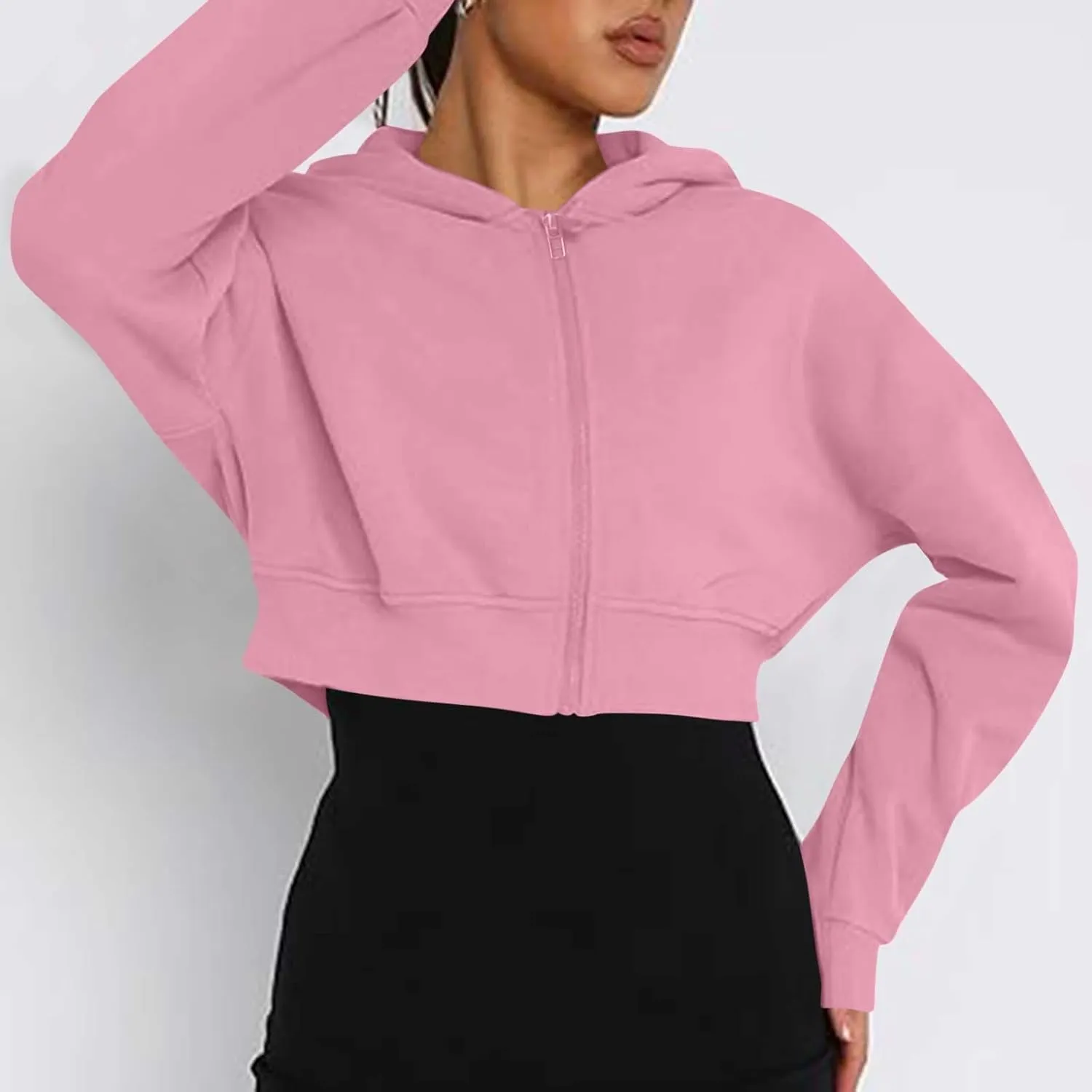 Oversized Half Zipper Cropped Hoodies Sweatshirts for Women2024 Casual V Neck Long Sleeve Solid Color Tunic Tops